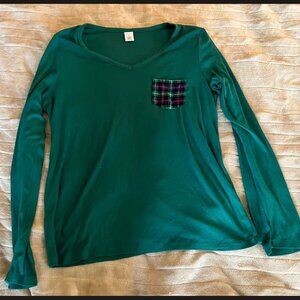 Liz Claiborne Green Plaid‎ Long Sleeve Top with Breast Pocket, Size M